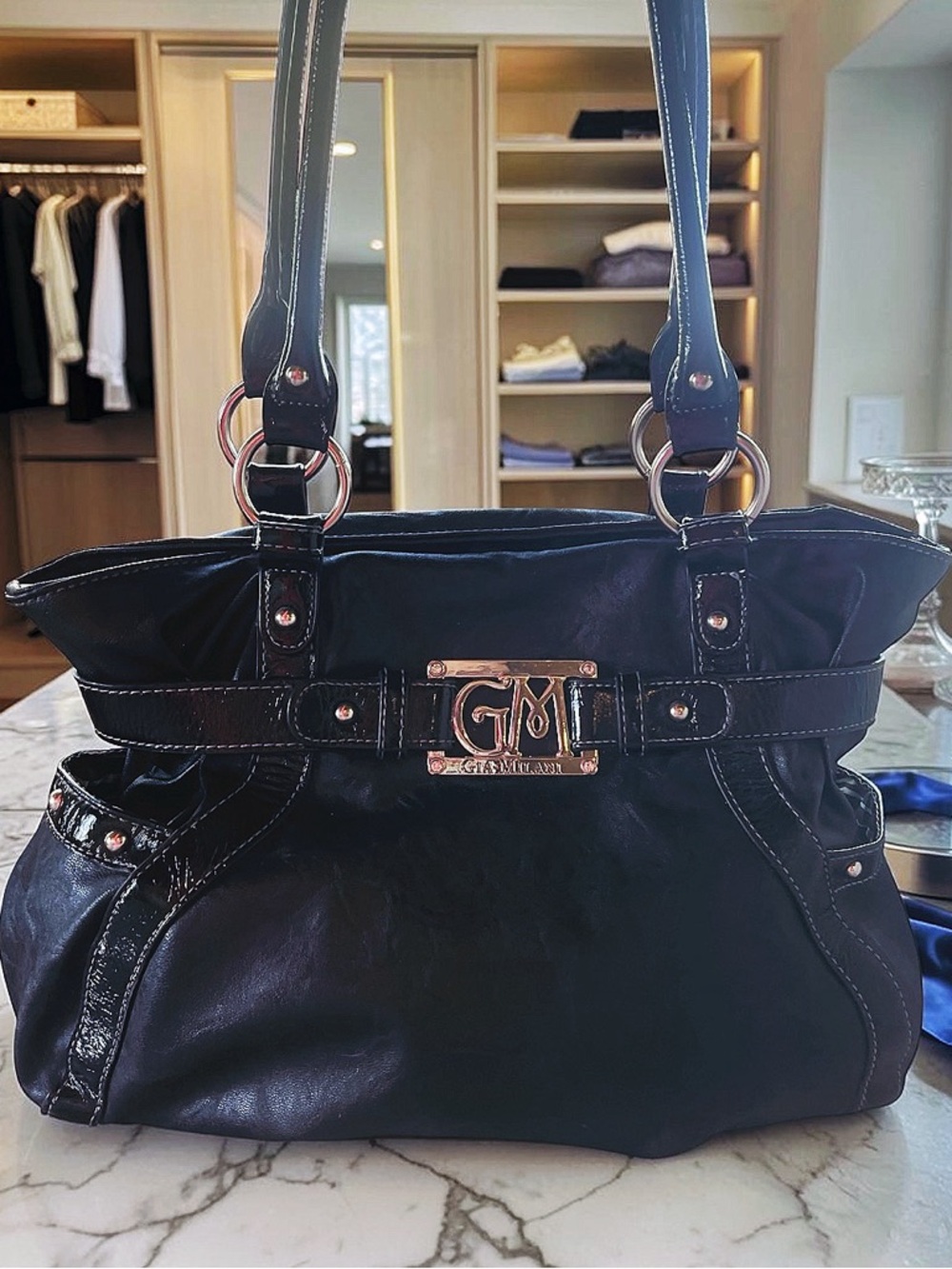 Gia Milani Black Shoulder Bag Faux Patent Leather Trim Gold Tone Logo Chic